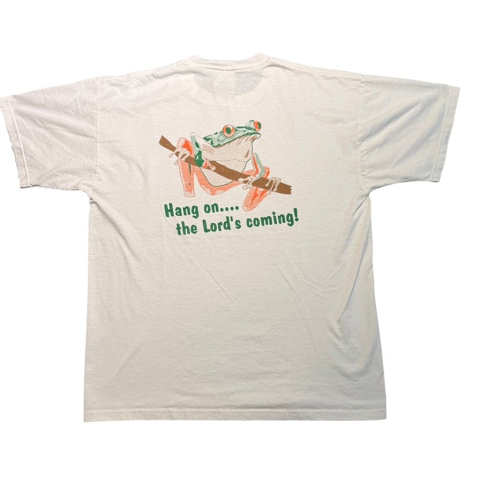 Vintage Jerzees Hang On The Lords Coming Frog T-Shirt White Large 90s USA Made